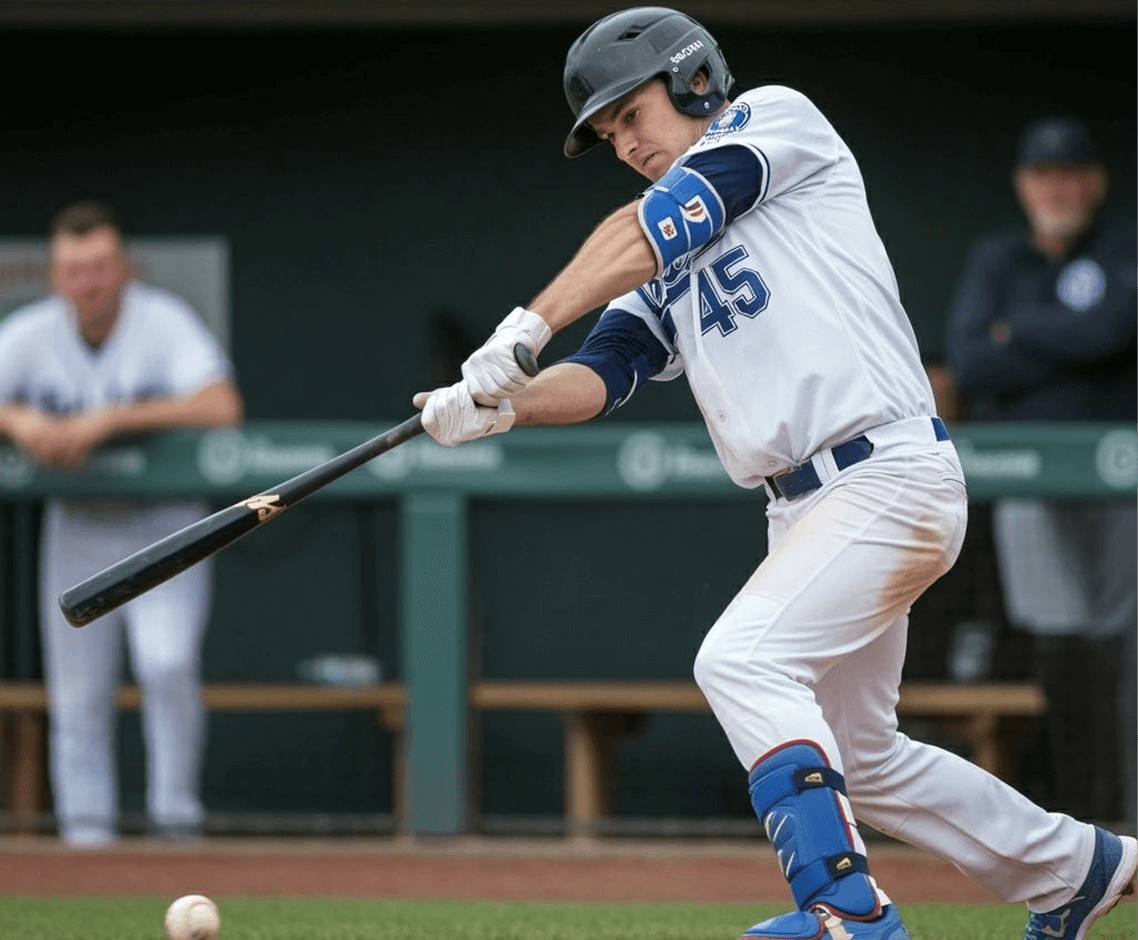 Baseball player swinging bat during game